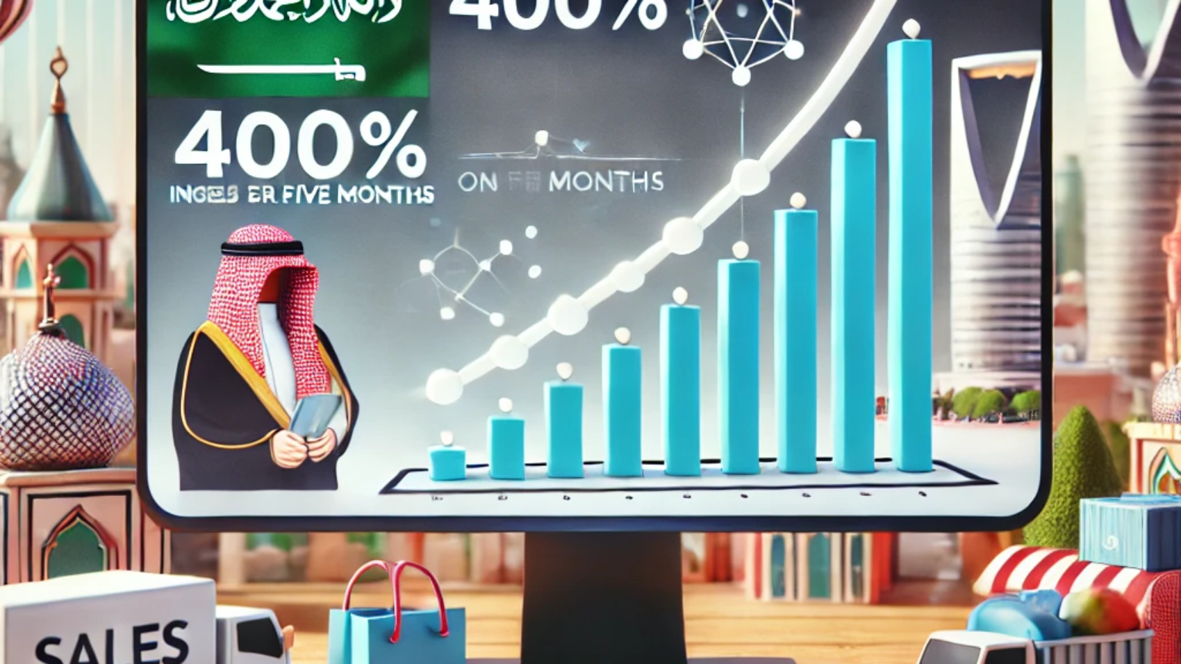 DALL·E 2025-02-18 14.36.26 - A digital art illustration of a Saudi online store selling children's products showing a 400% increase in sales over five months. The scene includes a