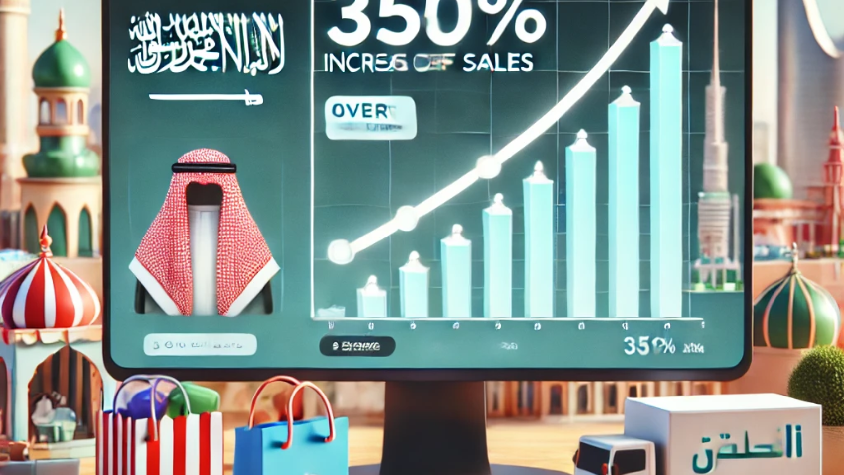DALL·E 2025-02-18 14.37.11 - A digital art illustration of a Saudi online store selling children's products showing a 350% increase in sales over three months. The scene includes