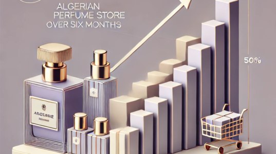 DALL·E 2025-02-18 14.48.29 - A minimalist, clean infographic-style illustration showing a 500% increase in sales for an Algerian perfume store over six months. The design should f